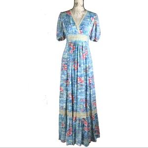 Vtg Light Blue Long Dress Tropical Tiki Hut 11